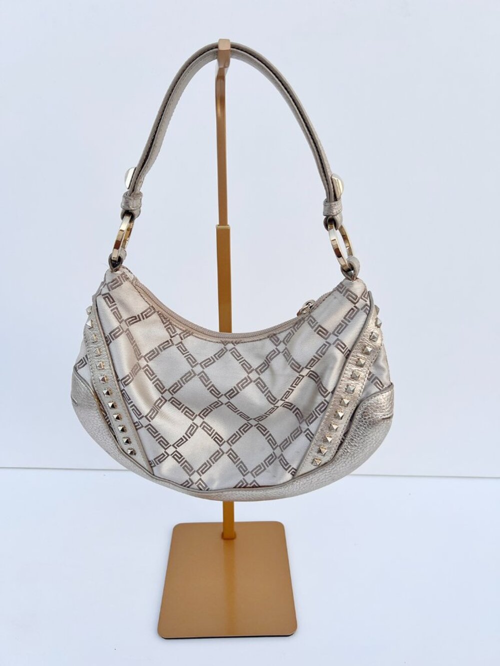 VERSACE Silver Metallic Leather Jacquard Medusa Studded Hobo Shoulder Bag - Picture 2 of 14